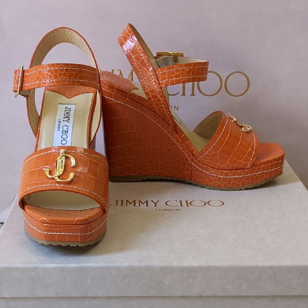 Jimmy Choo Croc Bossed Orange Wedge Heels - EUC